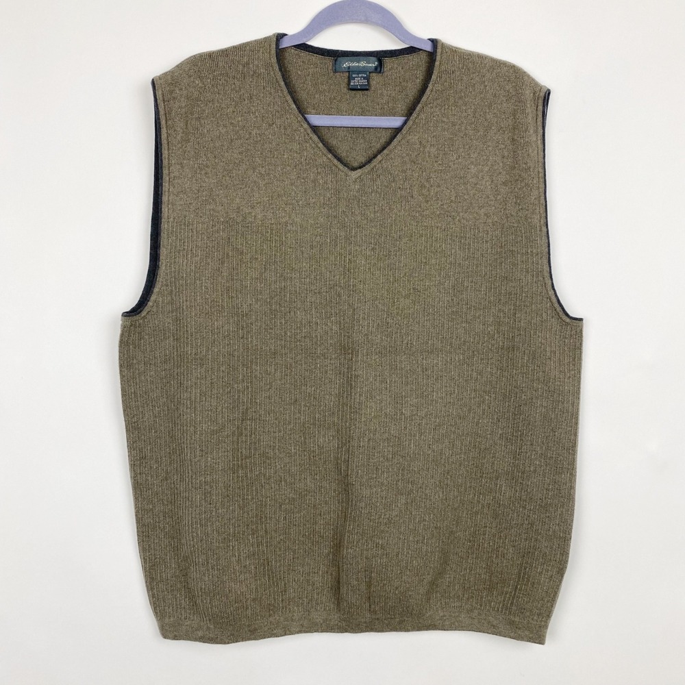 Eddie Bauer V-Neck Ribbed Cotton Knit Sweater Vest Mens Large Taupe Gray